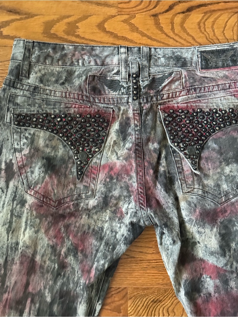 Men's robin jeans Distressed Black & Maroon Studded Denim Shorts